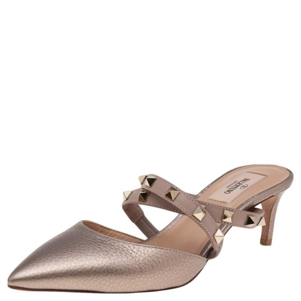 Valentino Garavani Gold Studded Kitten Heel Mules